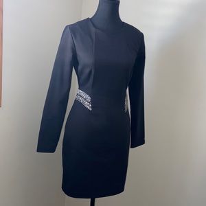 Zara trafaluc MEDIUM never worn. embellished zip long sleeve black mini dress.